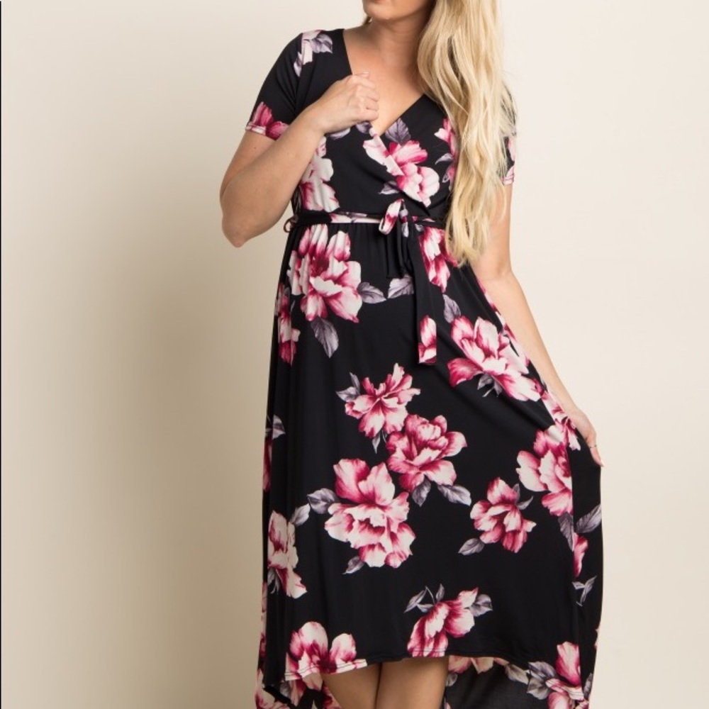 Black Floral Hi-Low Maternity Wrap Dress